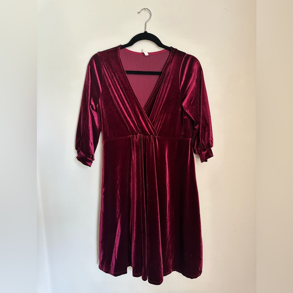 Burgundy Velvet Wrap Front Babydoll Maternity Dress size L